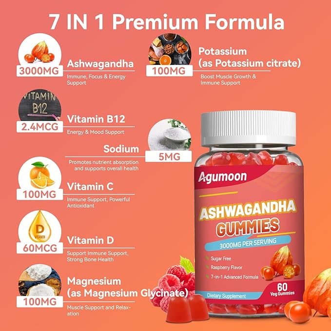 Ashwagandha Gummies 3000mg for Stress Relief, Calm & Relaxation Support with Magnesium & Vitamin D, Vegan, Gluten-Free, Natural Raspberry Flavor, 60 Count