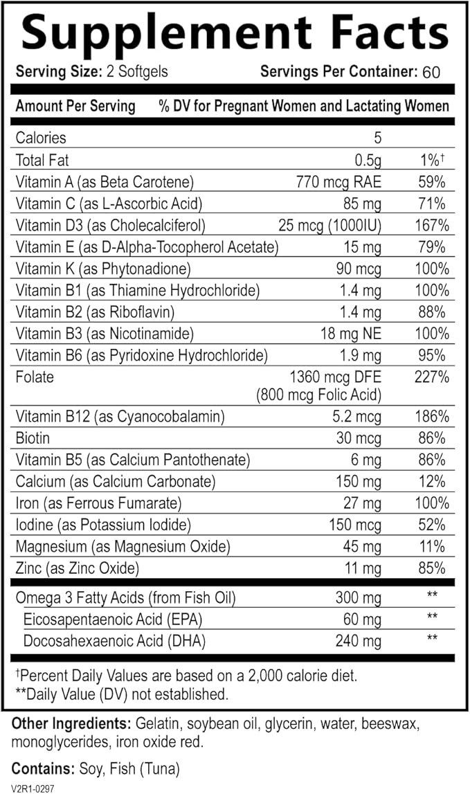 Prenatal Vitamins for Women - Multivitamin with DHA, Folic Acid, Vitamin C, B12, Iron & Omega-3 - Before, During & Post Pregnancy Supplement for Healthy Growth & Brain Development - 120 Softgels