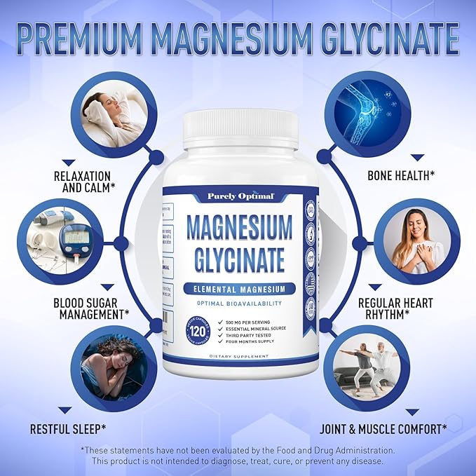 Purely Optimal Magnesium Glycinate 500mg – Sleep Support & Stress Relief – Gentle, High Absorption Magnesium Supplement for Muscle Relaxation, Calm & Nerve Support – 120 Capsules