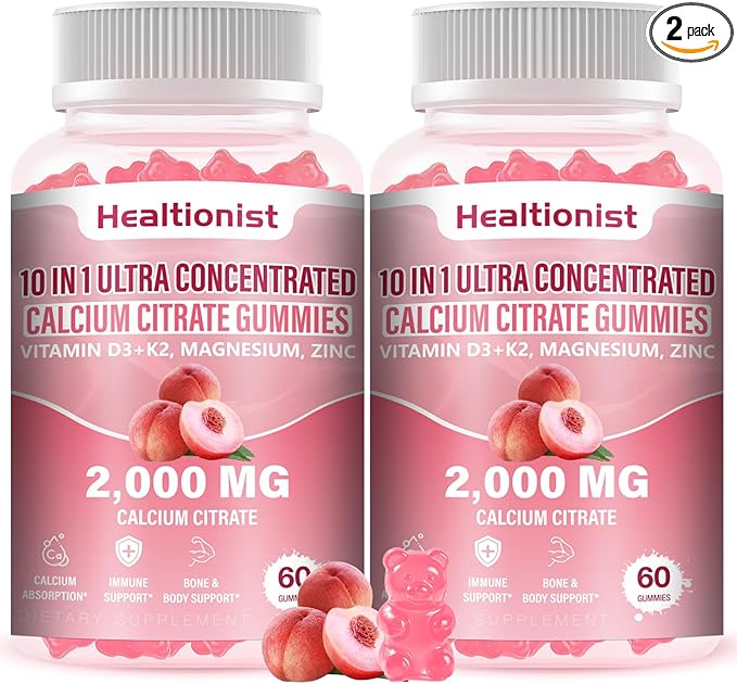 2 Packs 2000mg Calcium Citrate with Vitamin D3 K2 Supplements Gummies for Women & Men, Magnesium, Zinc, High Absorption, Bone, Muscle & Immune Support, 120 Counts Peach Flavor Gummies