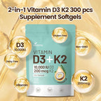 VivoNu Vitamin D3 K2 10000 IU with MK7-300 Virgin Coconut Oil Softgels, 2 in 1 Vitamins D & K Complex | Vitamina D3 con K2 ((1Bag)
