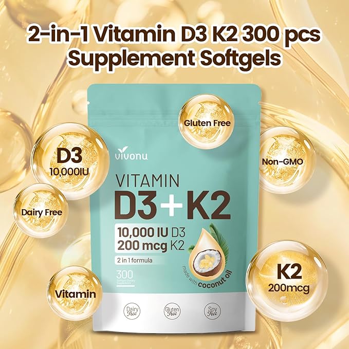 VivoNu Vitamin D3 K2 10000 IU with MK7-300 Virgin Coconut Oil Softgels, 2 in 1 Vitamins D & K Complex | Vitamina D3 con K2 ((1Bag)
