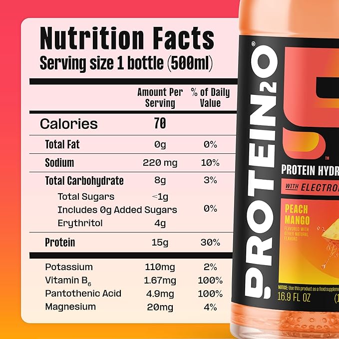 Protein2o 15g Whey Protein Infused Water,Peach Mango,16.9 Oz Bottle,(Pack of 24)