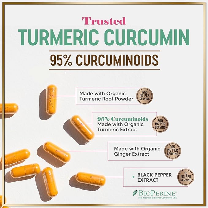 Turmeric Curcumin Supplement with 95% Curcuminoids, Organic Turmeric & Ginger 1750mg, BioPerine Black Pepper for Best Absorption, Nature's Vegan Joint Support, Non-GMO, Bottled in USA - 240 Capsules