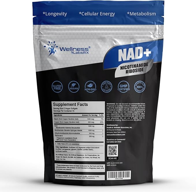 WELLNESS LABSRX NAD+ Supplement - Third-Party Tested NMNH Supplement Softgels, NAD Resveratrol 2500mg NAD Supplements for Anti-Aging, Longevity, and Cellular Health Support - Made in USA