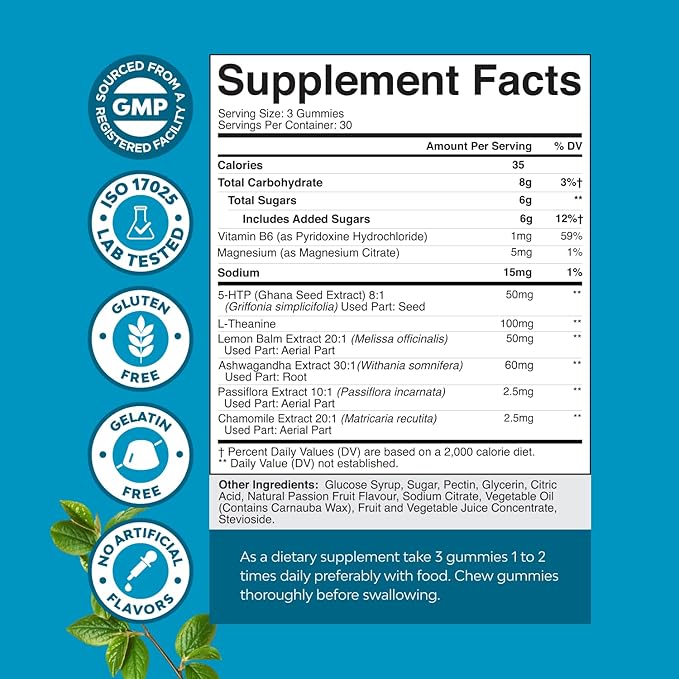Calming Gummies for Adults with Ashwagandha and Magnesium - Relaxing Stress Gummies with L Theanine 5HTP and Lemon Balm Extract - Adaptogenic Chamomile Extract Vitamin B6 - 90 Count (Pack of 2)