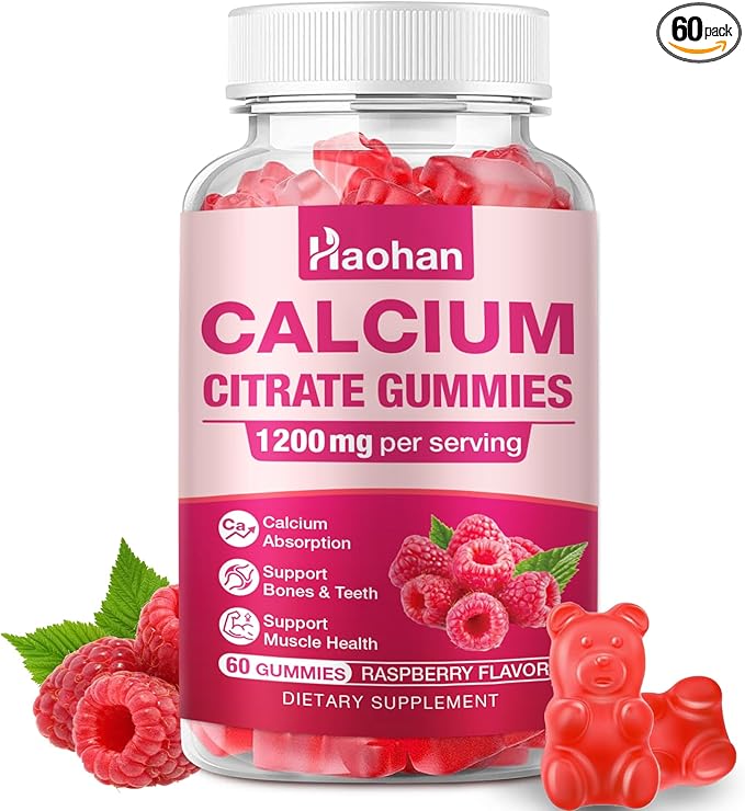 Calcium Citrate Gummies 1200mg - Sugar-Free Chewable Supplement for Women & Men with Bone, Muscle & Immune Support - Raspberry Flavor, 60 Count