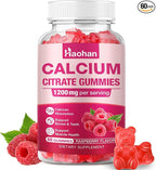 Calcium Citrate Gummies 1200mg - Sugar-Free Chewable Supplement for Women & Men with Bone, Muscle & Immune Support - Raspberry Flavor, 60 Count