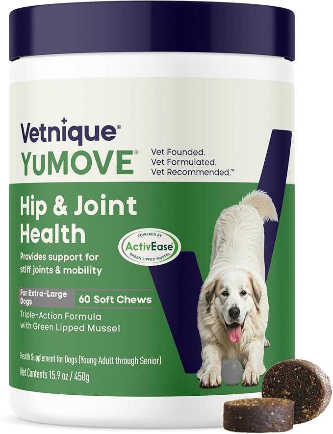 YuMOVE Hip & Joint Supplement for Large Dogs - with Glucosamine Chondroiton, Green Lipped Mussel, Hyaluronic Acid, and Omega 3 Joint Supplement for Stiffness and Mobility - 60 Chews (Large/XL Dogs)