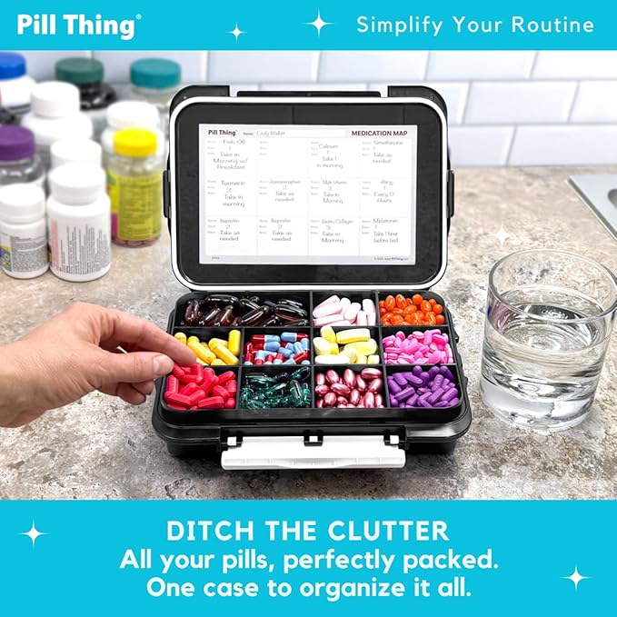 Extra Large Pill Organizer (12 Compartments) – Airtight Waterproof Travel Pill Case – Holds Large Vitamins & Daily Medications – Medication Map & Secure Lock Design (Black, 1 Pack)
