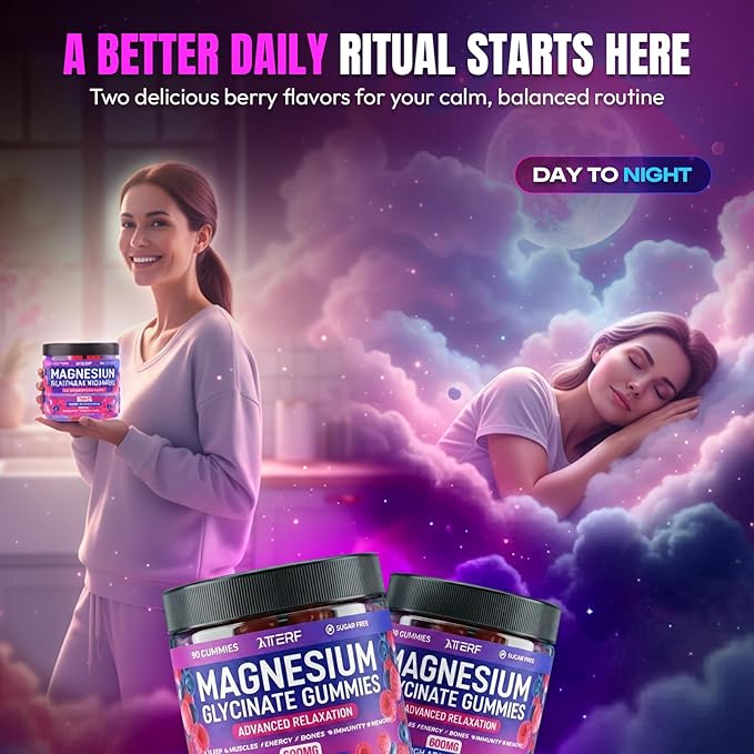 Magnesium Glycinate Gummies 600mg, [2-in-1 Dual Flavor Mix] - Sugar-Free, High Absorption Magnesium Supplement for Adults, Muscle Support and Relaxation, Vegan & Non-GMO