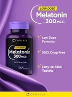 Carlyle Melatonin 300 mcg | 365 Tablets | Low Dose | Vegetarian, Non-GMO, Gluten Free