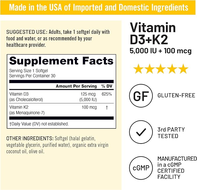 NatureWise Vitamin D3 5000IU + K2 (MK7) 100mcg with Organic Extra Virgin Coconut Oil - Supports Calcium Absorption, Bone & Immune Health - Non-GMO, Soy & Gluten-Free - 30 Softgels[30-Day Supply]