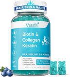 Biotin Gummies with Collagen & Keratin for Hair Skin Nails- Supports Hair Growth and Stronger Nails, Women Men, Kids - 60 Blueberry Flavored Gummies