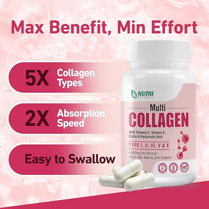 Multi Collagen Peptides Capsules, Type I, II, III, V, X with Vitamin C, E & Hyaluronic Acid | Hair, Skin, Nail & Joint Support | Unflavored, Non-GMO, Easy to Swallow - 90 Count