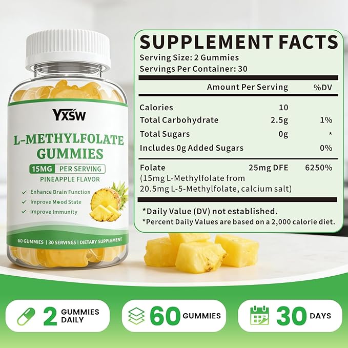 L-Methylfolate Gummies 15mg, Methylfolate Supplement, Folate Supplement for Support Mood, Brain Health, Immune System, Sugar Free, Pineapple Flavor, 60 Count