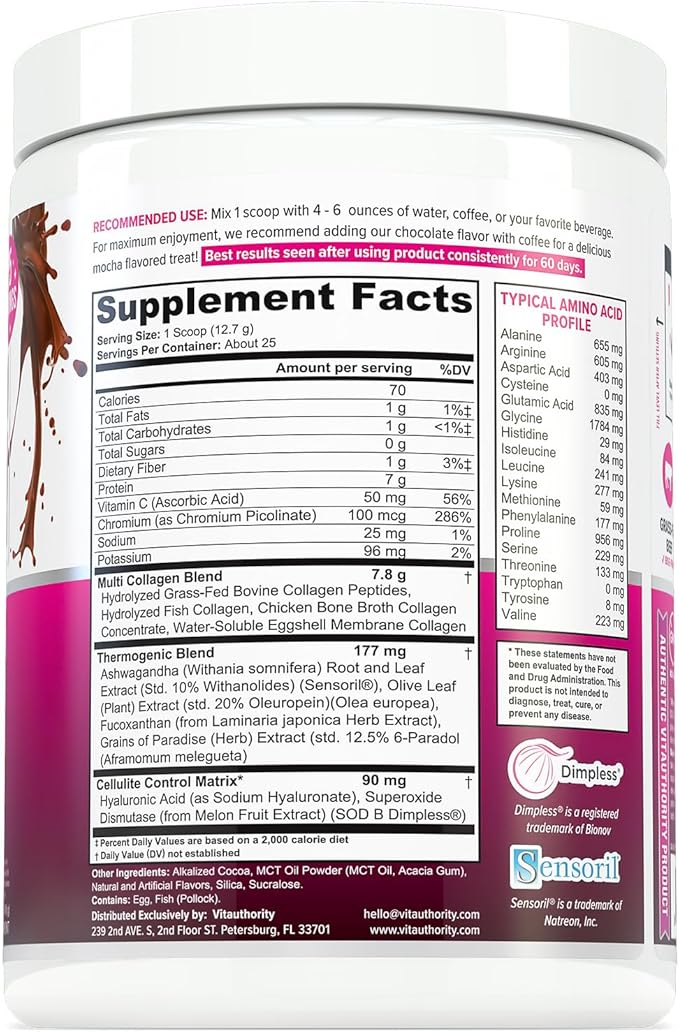 Vitauthority Collagen Peptides Powder Weight Loss Supplements | Hydrolyzed Beauty Complex for Women, Hair Skin Nails | Fat Burning Support | Chocolate Flavored 25 Servings