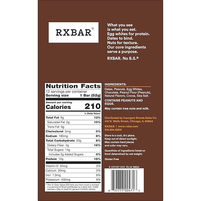 RXBAR Protein Bars, Protein Snack, Snack Bars, Peanut Butter Chocolate, 22oz Box (12 Count) (Pack of 2)
