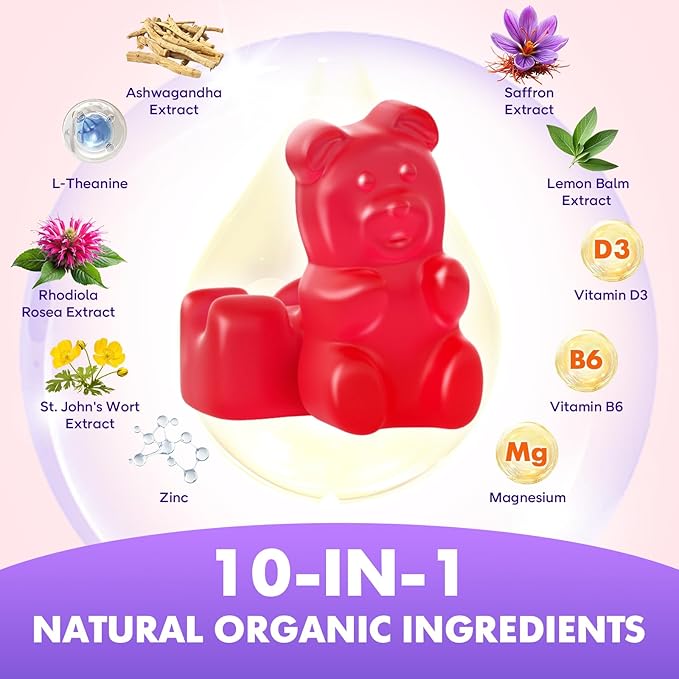 softbear Saffron Gummies for Kids & Adults, 10-in-1 Organic Saffron Supplements with 88.5mg Saffron Extract Support Calm Mind & Focus & Zzz, Sugar Free/Non-GMO, Strawberry Flavor 120 Count