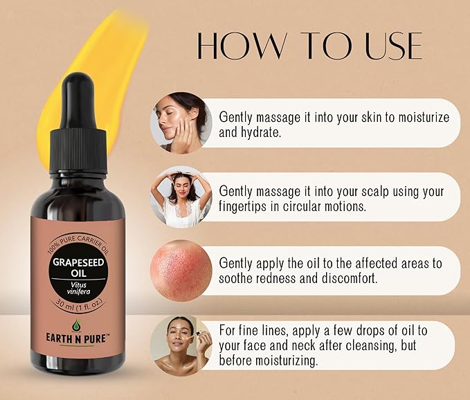 Earth N Pure Grapeseed Oil Cold Pressed, Natural and Therapeutic Grade 100 ml