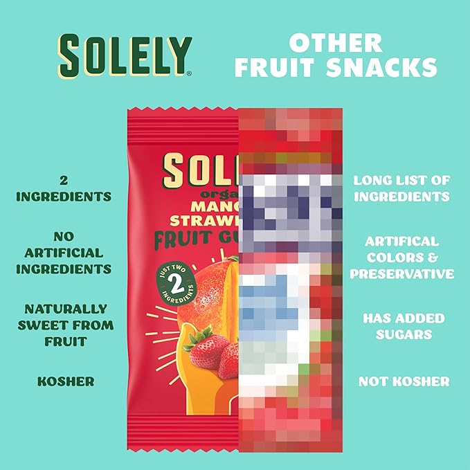 SOLELY - Organic Mango & Strawberry Whole Fruit Gummies (Pack of 8 Boxes, 5 Bags per Box) - Real Fresh Fruit - Healthy Snacks for Adults & Kids - Non GMO, Vegan Snacks, Shelf Stable - 40 Bags (3.5 oz)