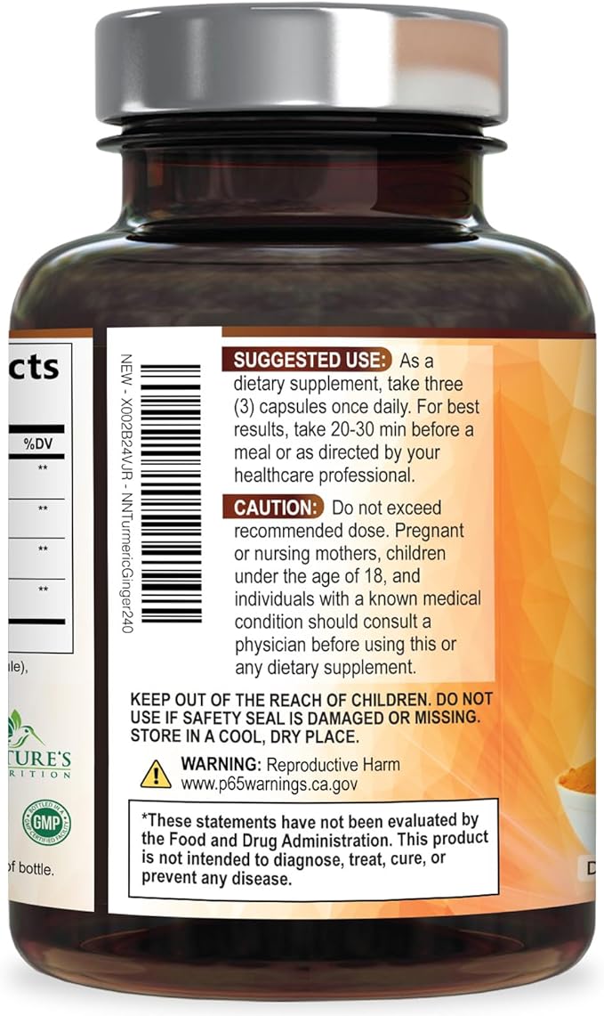 Turmeric Curcumin Supplement - 95% Curcuminoids with Organic Turmeric & Ginger, BioPerine Black Pepper Extract for Best Absorption, Natural Vegan Joint Support, Non-GMO, Bottled in USA - 240 Capsules