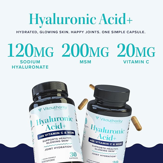 Hyaluronic Acid Capsules with MSM & Vitamin C | 120mg Sodium Hyaluronate | Skin Hydration, Elasticity & Collagen Support | Vegan, Non-GMO, Antioxidant Beauty Supplement 30 Servings