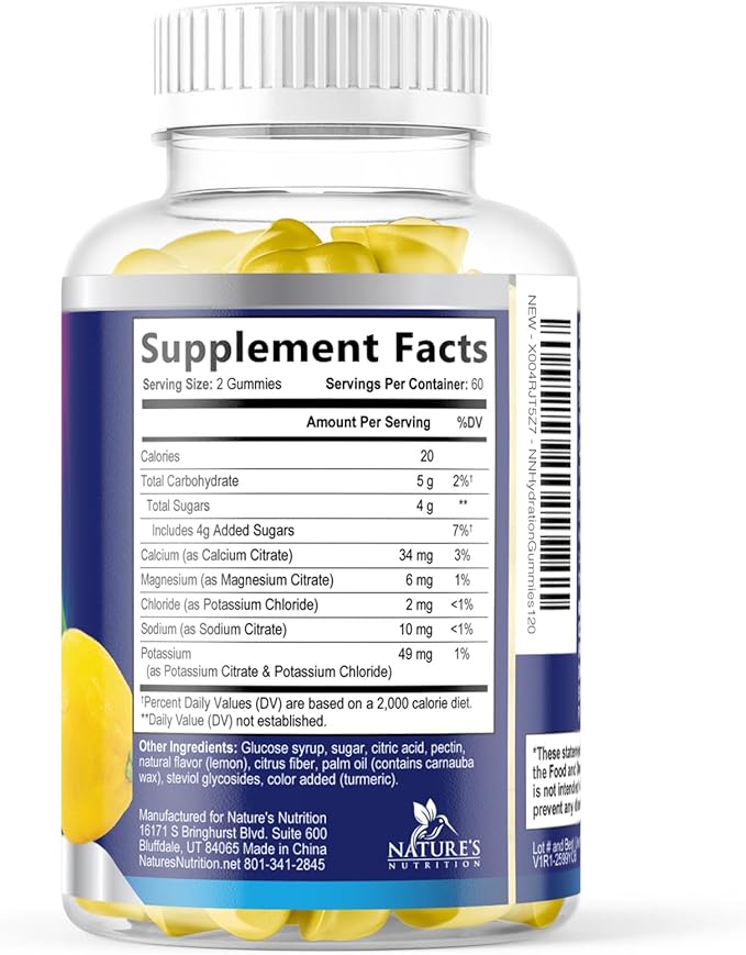 Hydration Electrolyte Gummies - Daily Liquid Replenisher Gummy - Electrolyte Multiplier with Minerals, Potassium & Real Salt - Vegan, Non-GMO - Tasty Lemon Flavor Hydration Electrolytes - 120 Gummies