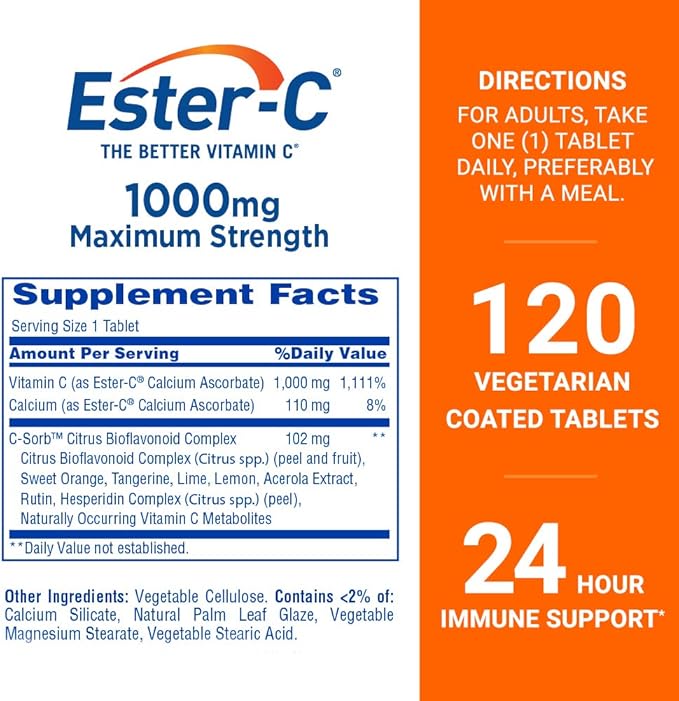 Ester-C Vitamin C 1000 mg Coated Tablets, Immune System Booster, Stomach-Friendly Supplement, 120 Count