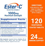 Ester-C Vitamin C 1000 mg Coated Tablets, Immune System Booster, Stomach-Friendly Supplement, 120 Count