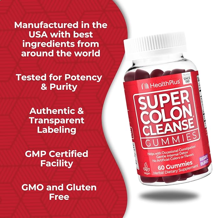 Health Plus Super Colon Cleanse Gummies Dietary Supplement, Gentle Overnight Relief from Occasional Constipation, Natural Senna Leaf Extract, Mixed Berry Flavor, 60 Count, 15 Day Cleanse