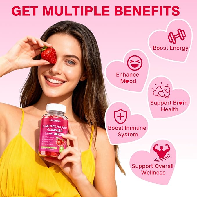 L-Methylfolate 15 mg Gummies, Methylfolate Supplement, Folate 5-MTHF Supplement for Support Mood, Brain Health, Immune System, Sugar Free, Strawberry Flavor, 120 Count