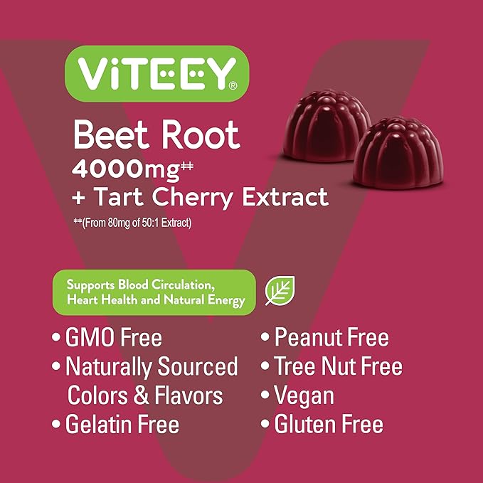 Viteey Beet Root Gummies 4000mg [from 80mg of 50:1 Extract] with Tart Cherry - for Healthy Blood Pressure Support - Vegan, Gelatin Free, Gluten Free-Tasty Chewable Berry Beet Flavored Gummy-60 Count