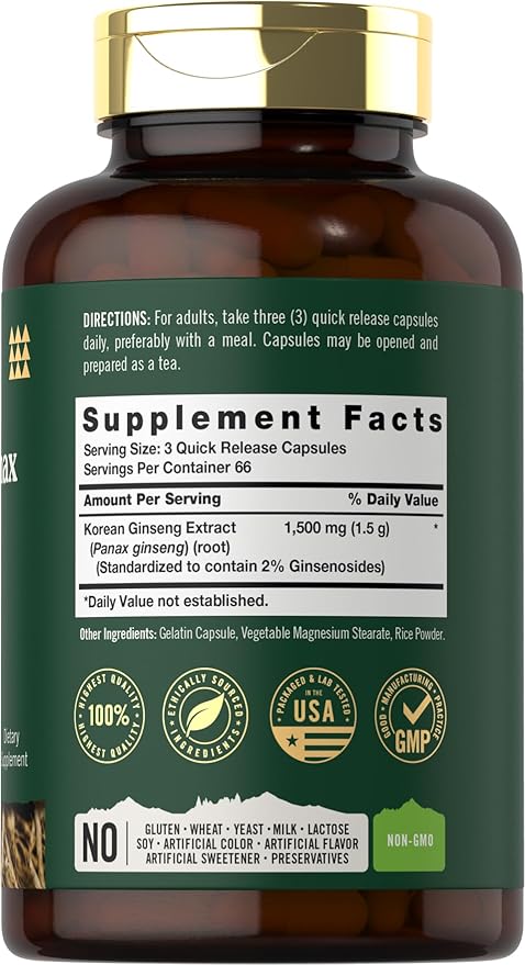 Tahoe Nutritionals Korean Panax Ginseng Extract 1500 mg | 200 Capsules | Supplement for Men & Women | Non-GMO and Gluten Free