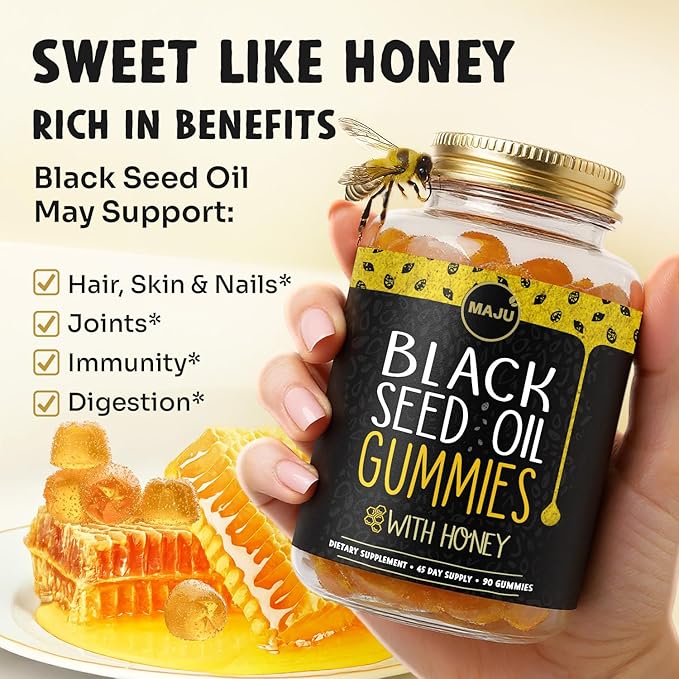 MAJU's Black Seed Oil Gummies with Honey 90ct, 500mg BSO Gummy, Black Cumin Seed Nigella Sativa Oil, Cold-Pressed, Potent Formula, 90ct (2-Pack)