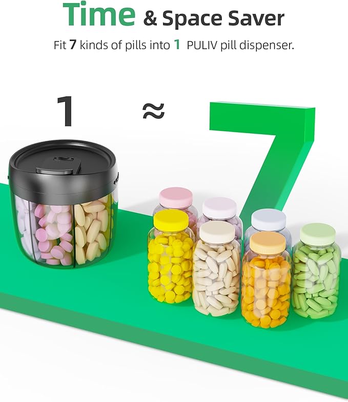 PULIV Portable Pill Dispenser Bottle, Vitamin Organizer with 7 Compartments, Holds Plenty of Supplements with Anti-Mixing & Wide Openings Design, Easy to Retrieve Meds, Includes 20 Pcs Sticky Labels