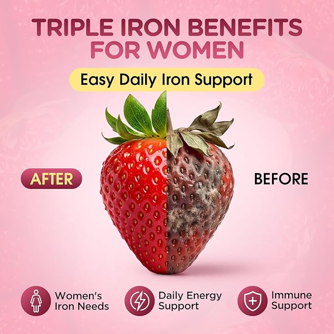 Iron Gummies for Women, Triple Iron Supplement with Multivitamin Iron Gummies with Vitamin C, A, B, Folate, Copper, Zinc for Energy & Blood Support, Immune Health, Vegan, Strawberry Flavor, 60 Counts