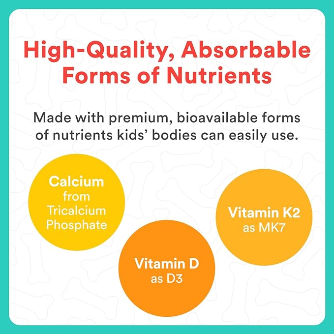 SmartyPants Kids Bone Support 4-in-1 Gummies with Calcium, Vitamin D3, K2 & Phosphorus for Growing Bones, Strawberry Mango, 60 Count (30 Day Supply)