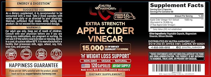 Apple Cider Vinegar Capsules - 15000 mg of Raw Apple Cider Vinegar Equivalent** - 100% Natural Pure ACV - Energy, Metabolism & Weight Loss Support - 3rd Party Lab Tested - 120 Capsules, 60-Day Supply