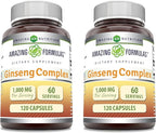 Amazing Formulas Ginseng Complex 1000mg of 4:1 Korean Ginseng Extract, Capsules Supplement | Non-GMO | Gluten Free | Made in USA (120 Count | 2 Pack)