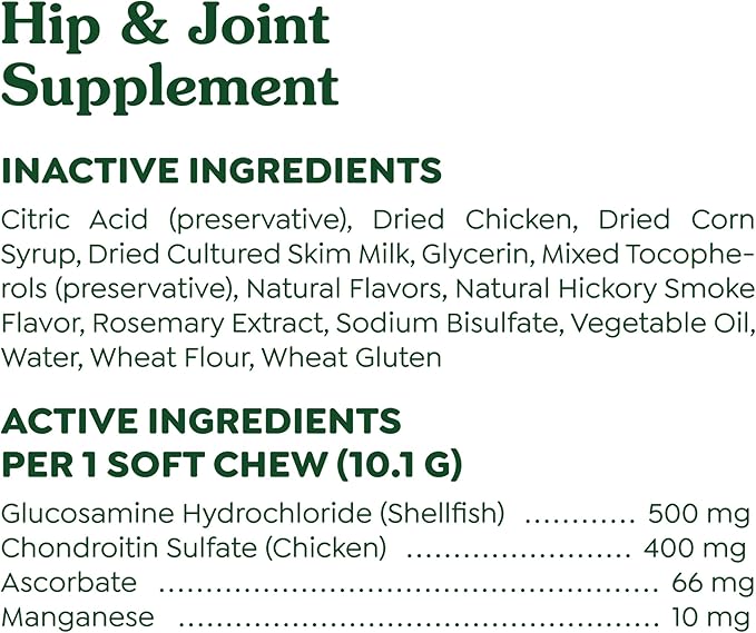 Greenies Supplements Hip and Joint Supplements for Dogs, with Chondroitin & Glucosamine for Dogs, Chicken Flavor, 16.2 oz. Container, 80 Count