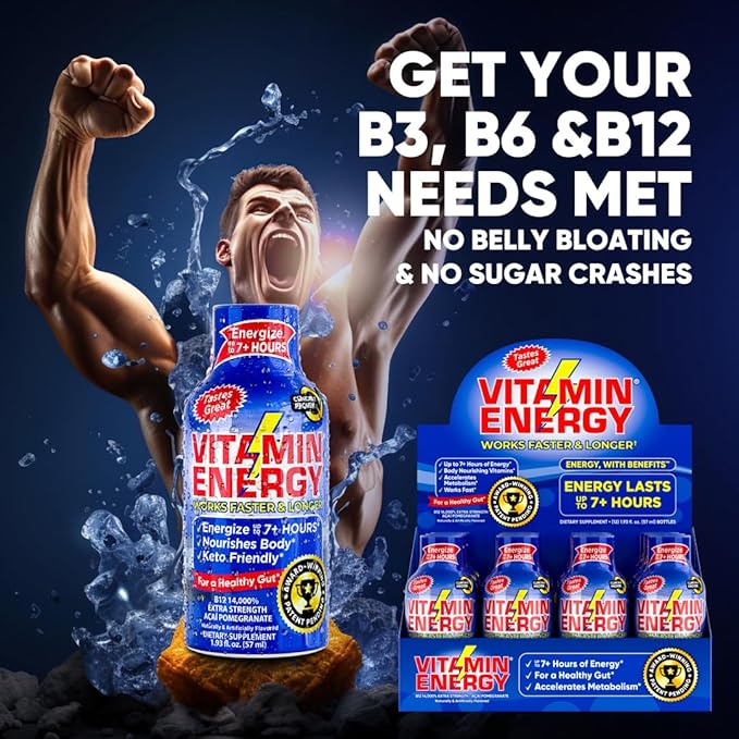 Vitamin Energy B12 11,000% Extra Strength Energy Shot Açaí Pomegranate 48 Pack, 260mg Natural Caffeine, B12 & B6, Nootropic Focus, Vitality, Zero Sugar, Gluten-Free, Vegan, Kosher, 1.93 fl oz