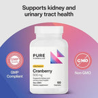 PureFormulas Cranberry 500 mg - Supports Kidney and Urinary Tract Health - Antioxidant Supplement for Immune Protection and Cellular Health - Cranberry Pills for Women & Men - Non-GMO - 60 Capsules