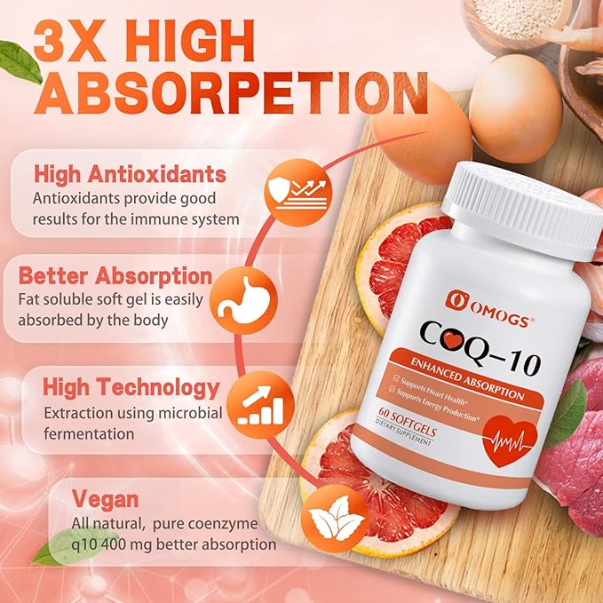 OMOGS CoQ10 400mg Softgels, Coenzyme Q10 High Absorption Supplements Support Heart Health, Cardiovascular Health, Immune System & Cellular Energy Production, Gluten Free, 60 Softgels