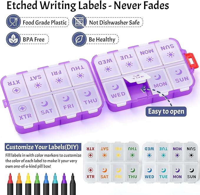 Foldable Weekly Pill Organizer 2 Times a Day with 2 Extra Compartments - Etched Labels - Portable 7 Day AM PM Medicine Box, Week Daily Travel Pill Case Holder for Vitamin, Supplement -Clear Purple