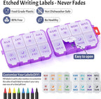 Foldable Weekly Pill Organizer 2 Times a Day with 2 Extra Compartments - Etched Labels - Portable 7 Day AM PM Medicine Box, Week Daily Travel Pill Case Holder for Vitamin, Supplement -Clear Purple