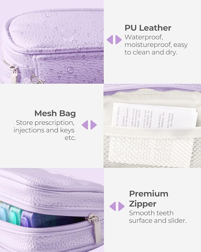 AMOOS Cute Pill Organizer 2 Times a Day, PU Leather Pill Case for Women, Portable Weekly Pill Box for Purse with Storage Bag to Hold Vitamins, Medications, Fish Oils, Supplements (Purple)