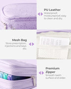 AMOOS Cute Pill Organizer 2 Times a Day, PU Leather Pill Case for Women, Portable Weekly Pill Box for Purse with Storage Bag to Hold Vitamins, Medications, Fish Oils, Supplements (Purple)