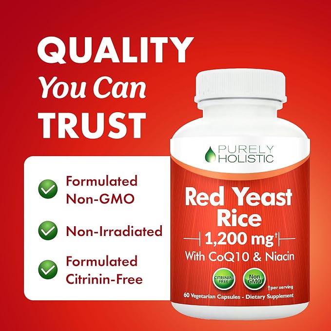 Red Yeast Rice with CoQ10 Supplement | Healthy Cholesterol Levels & Heart Health Support | Extra Strength Red Yeast Rice 1200 MG (600 MG Per Capsule) with Monakolin K | No Citrinin, Non-GMO | 60 Ct