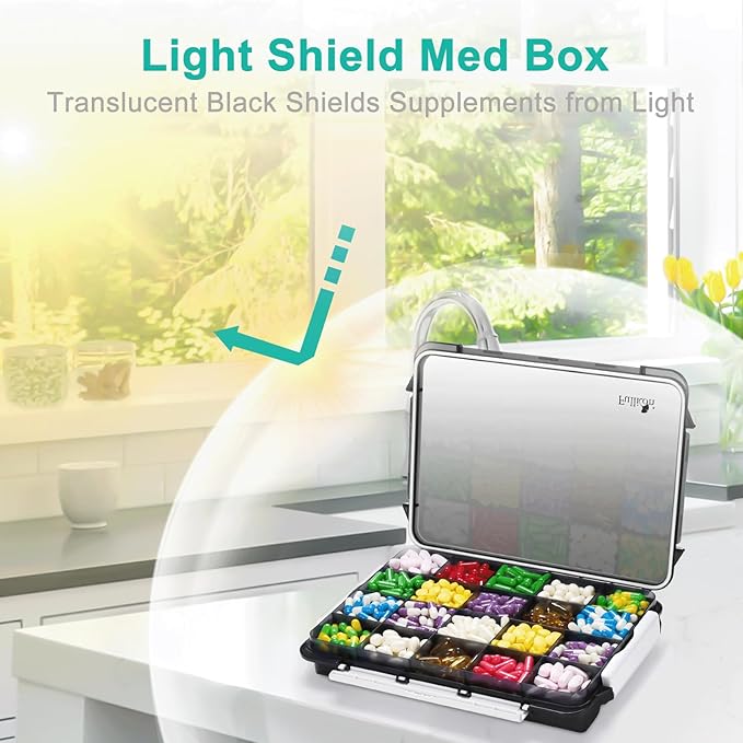 Fullicon Extra Large Pill Organizer with Moisture Proof Design, Travel Jumbo Pill Box with 20 Compartment, Supplement Organizer for Vitamins with 3 Secured Buckles (Black)